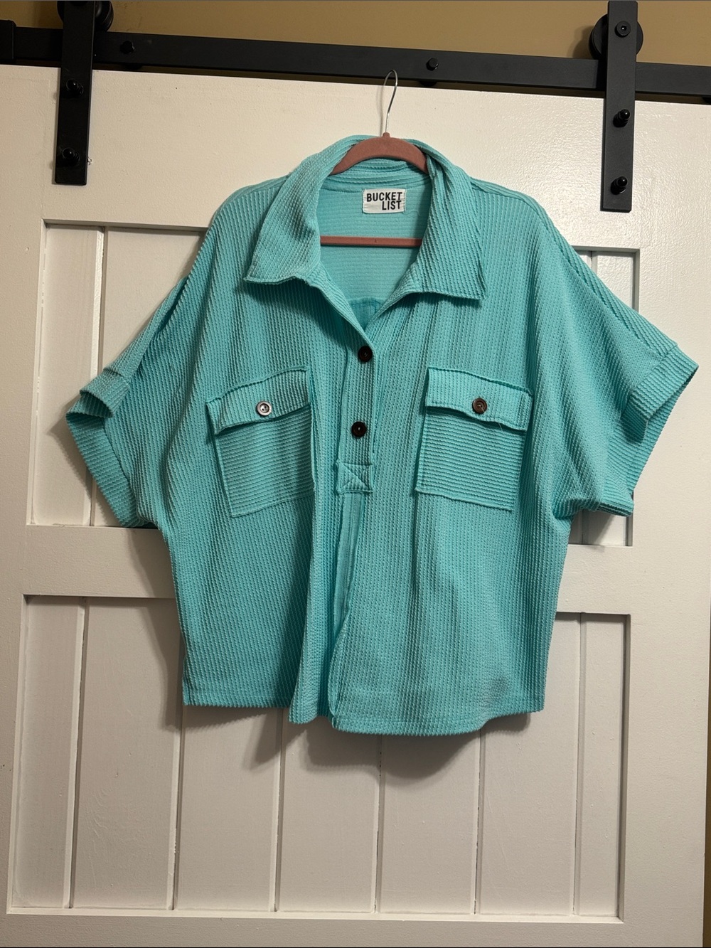 BUCKETLIST Turquoise Button-Front Short Sleeve Pocket Top